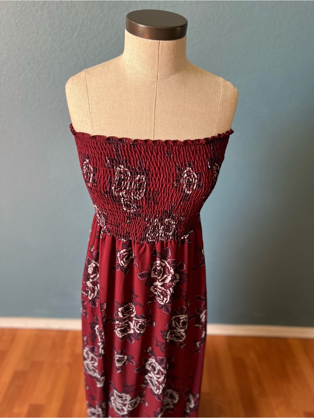 Miley & Molly Women’s Smocked Strapless Maxi Dress in Burgundy Floral front slit - Picture 2 of 8